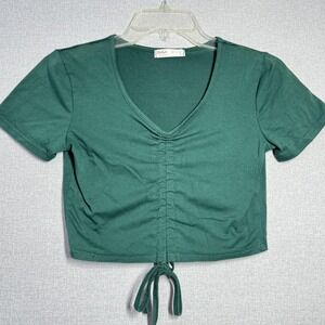 ROMWE Shirt Womens‎ Small Green V Neck Ruched Front Drawstring Cropped Top